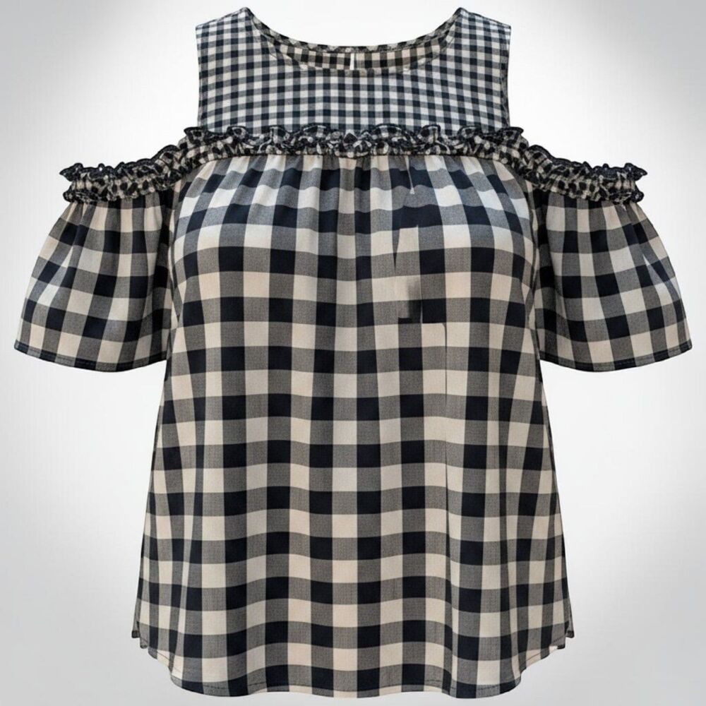 Crown & Ivy Cold Shoulder Top Plus Size Womens XXL  Cottagecore Gingham Ruffles